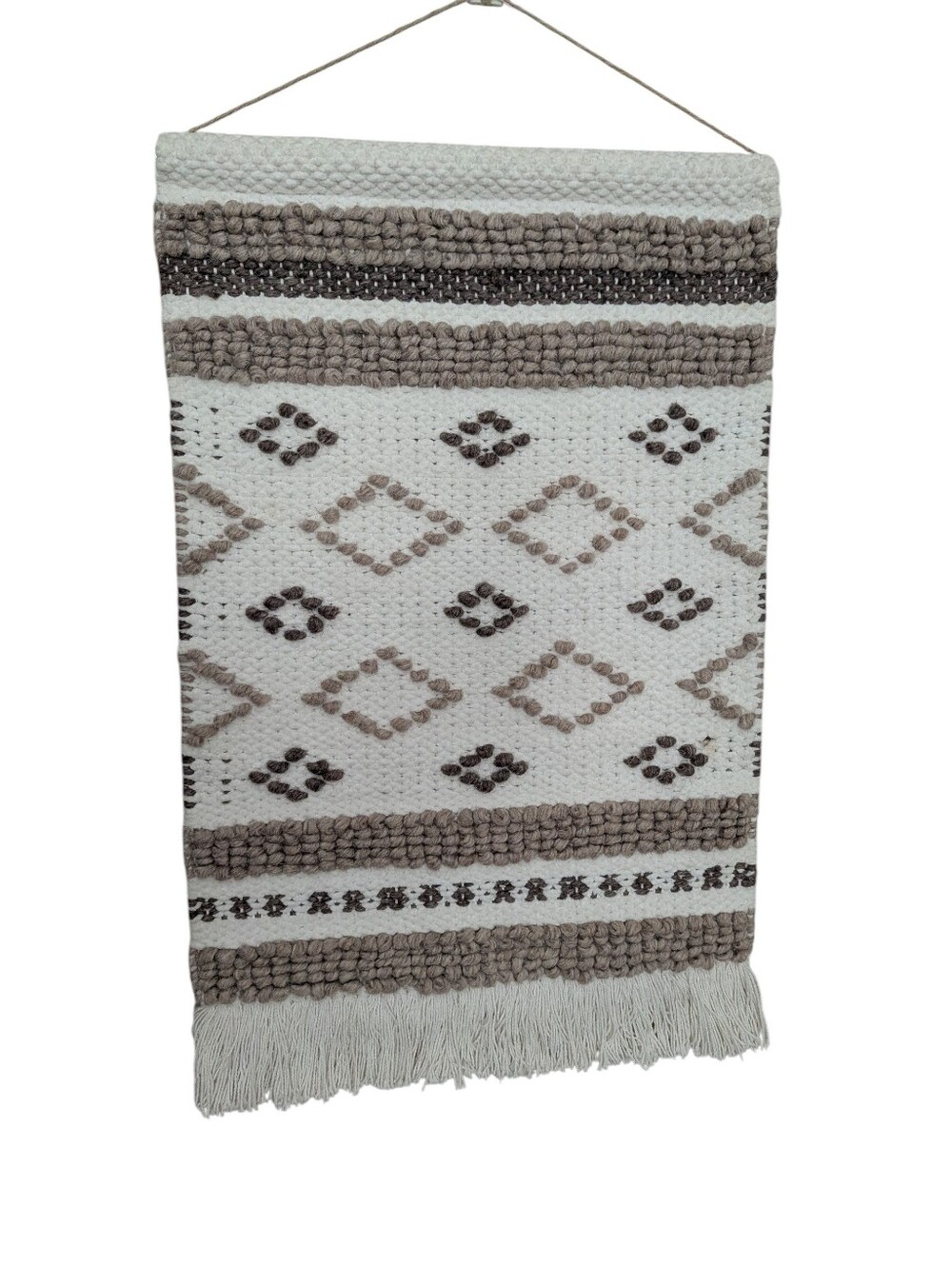 Boho Textured Woven Wall Hanging Tapestry in Cream and Taupe Neutral
